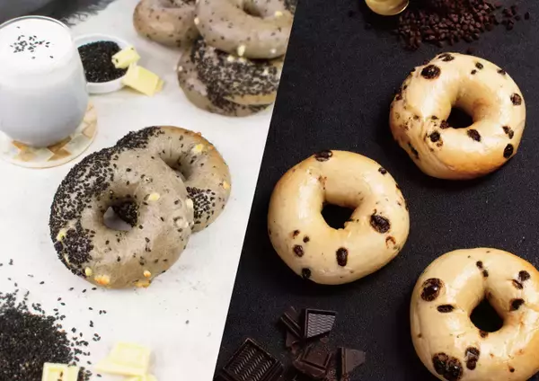 「BAGEL & BAGEL（ベーグルアンドベーグル）」の新作は香ばしい“黒ごまラテ”をイメージしたベーグルとなめらかな口どけの“チョコチップ”ベーグルを期間限定で販売いたします。