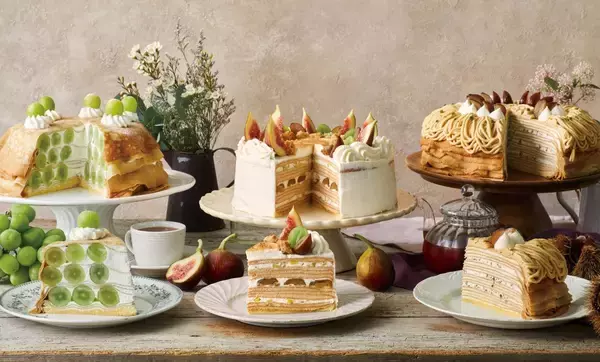 「【Afternoon Tea LOVE&TABLE】"シャインマスカット" や “渋皮栗” など、秋のミルクレープ3種を発売！マロン×ピスタチオの新作クレープセットも」の画像