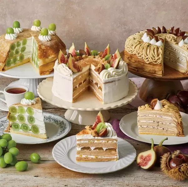「【Afternoon Tea LOVE&TABLE】"シャインマスカット" や “渋皮栗” など、秋のミルクレープ3種を発売！マロン×ピスタチオの新作クレープセットも」の画像