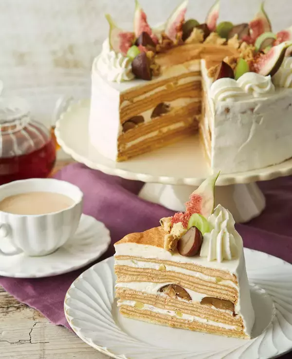 「【Afternoon Tea LOVE&TABLE】"シャインマスカット" や “渋皮栗” など、秋のミルクレープ3種を発売！マロン×ピスタチオの新作クレープセットも」の画像
