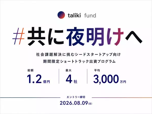 taliki、社会課題特化型ショートトラック出資「#共に夜明けへ」開始