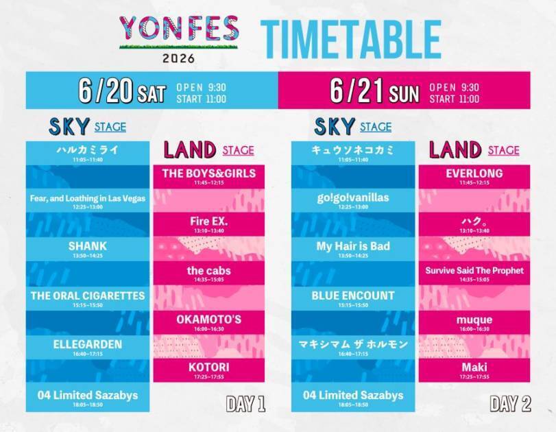 04 Limited Sazabys主催『YON FES 2026』タイムテーブル発表。10周年の節目に豪華アクト21組が集結