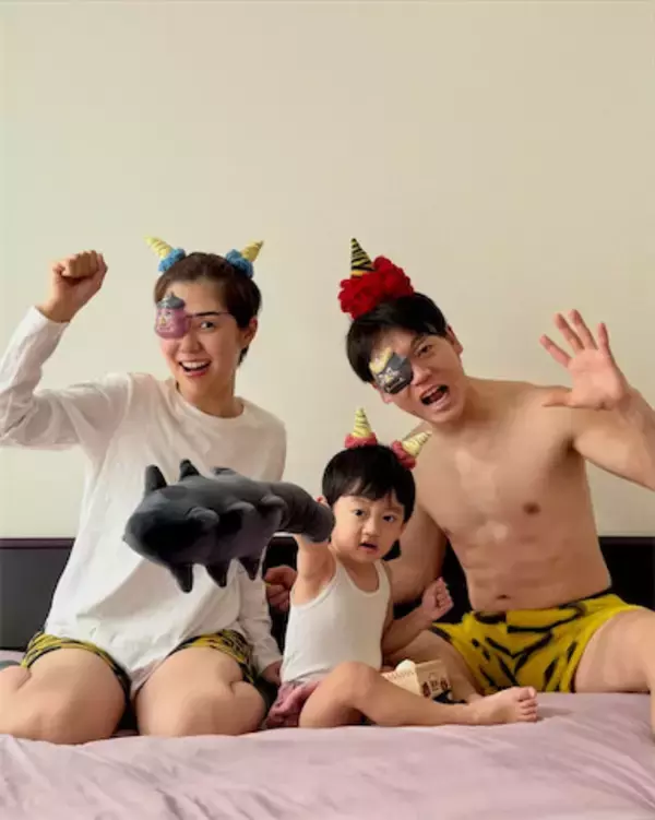 おばたのお兄さん、山﨑夕貴アナ＆2歳息子と‟全力”鬼仮装「なぜか節分に気合を入れる妻です！」