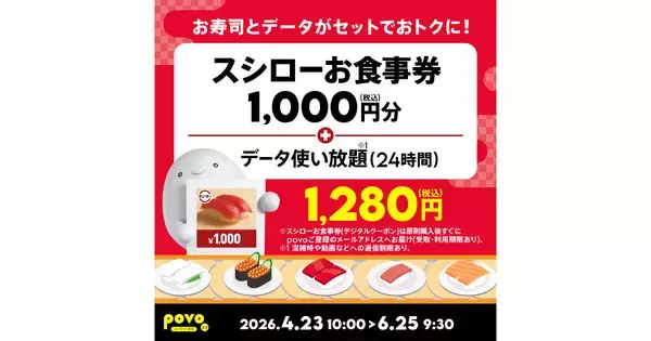 povo2.0、スシローお食事券1,000円分とデータ使い放題のセットを提供 - 6月25日まで