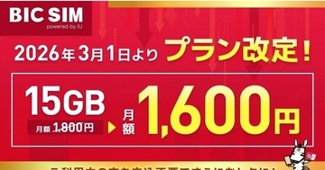BIC SIM、15ギガプランを3月1日から1,600円に値下げ