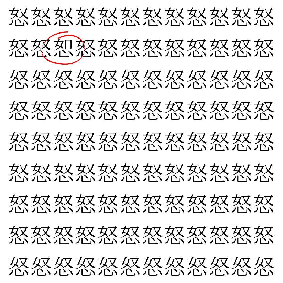 【漢字探し】ずらっと並んだ「怒」の中にまぎれた別の漢字一文字は？