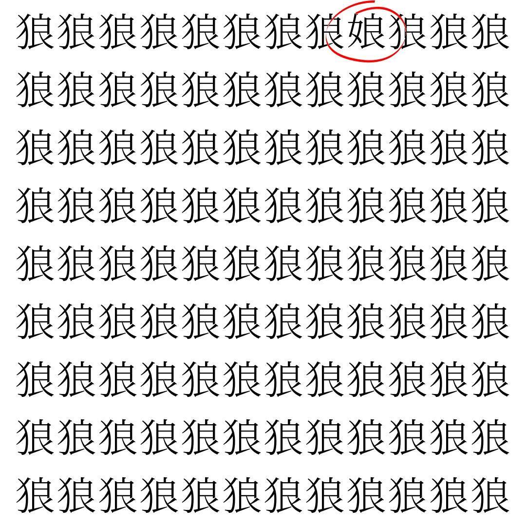 【漢字探し】ずらっと並んだ「狼」の中にまぎれた別の漢字一文字は？