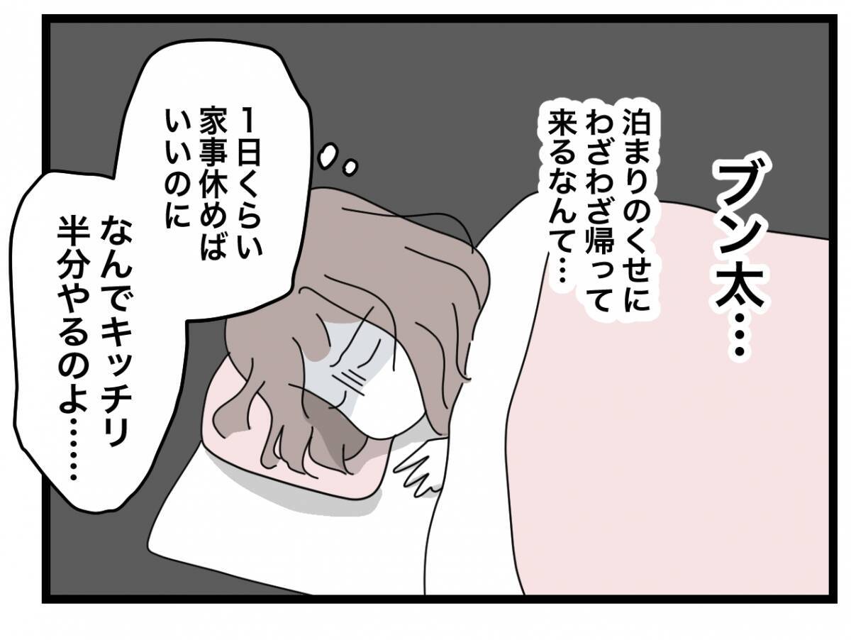【漫画】多忙でしばらく泊まりだという夫　それでも家に帰ってきて家事をこなす【半分夫 Vol.40】