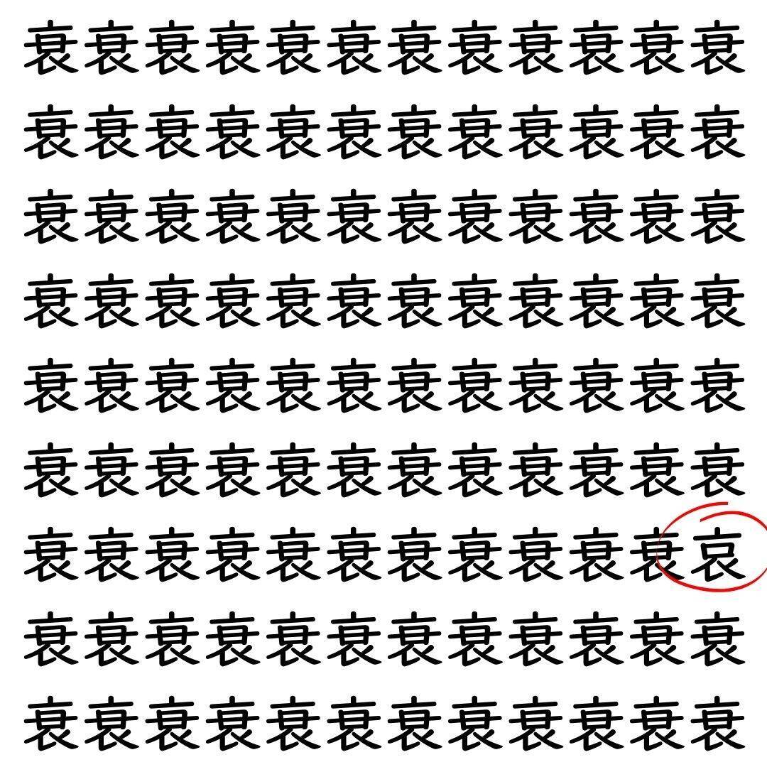 【漢字探し】ずらっと並んだ「衰」の中にまぎれた別の漢字一文字は？