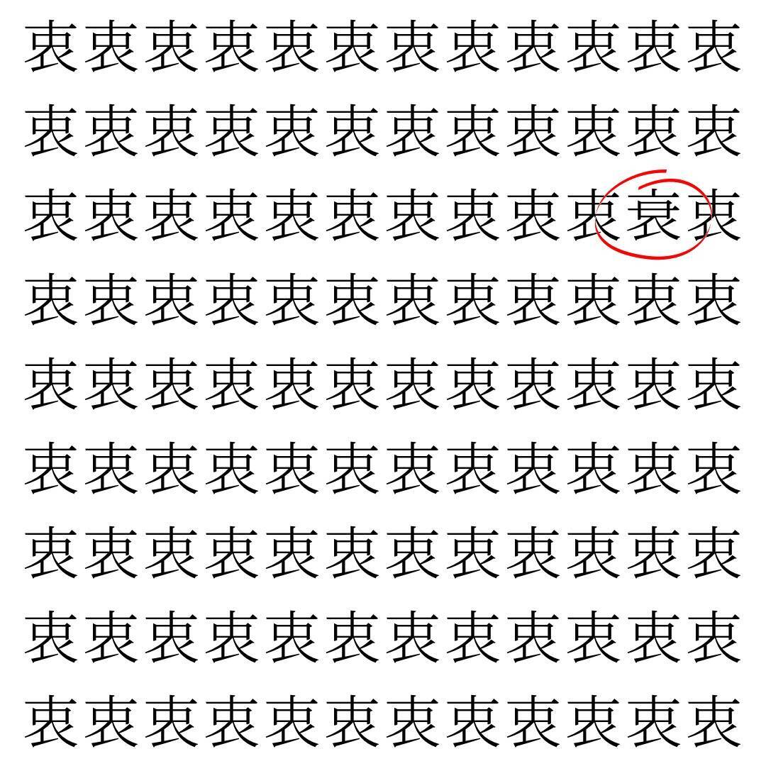 【漢字探し】ずらっと並んだ「衷」の中にまぎれた別の漢字一文字は？