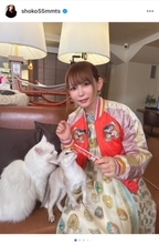 中川翔子、猫カフェでの番組収録と赤ちゃんの寝返りマスターを報告