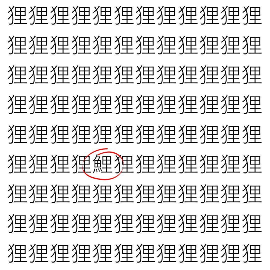 【漢字探し】ずらっと並んだ「狸」の中にまぎれた別の漢字一文字は？