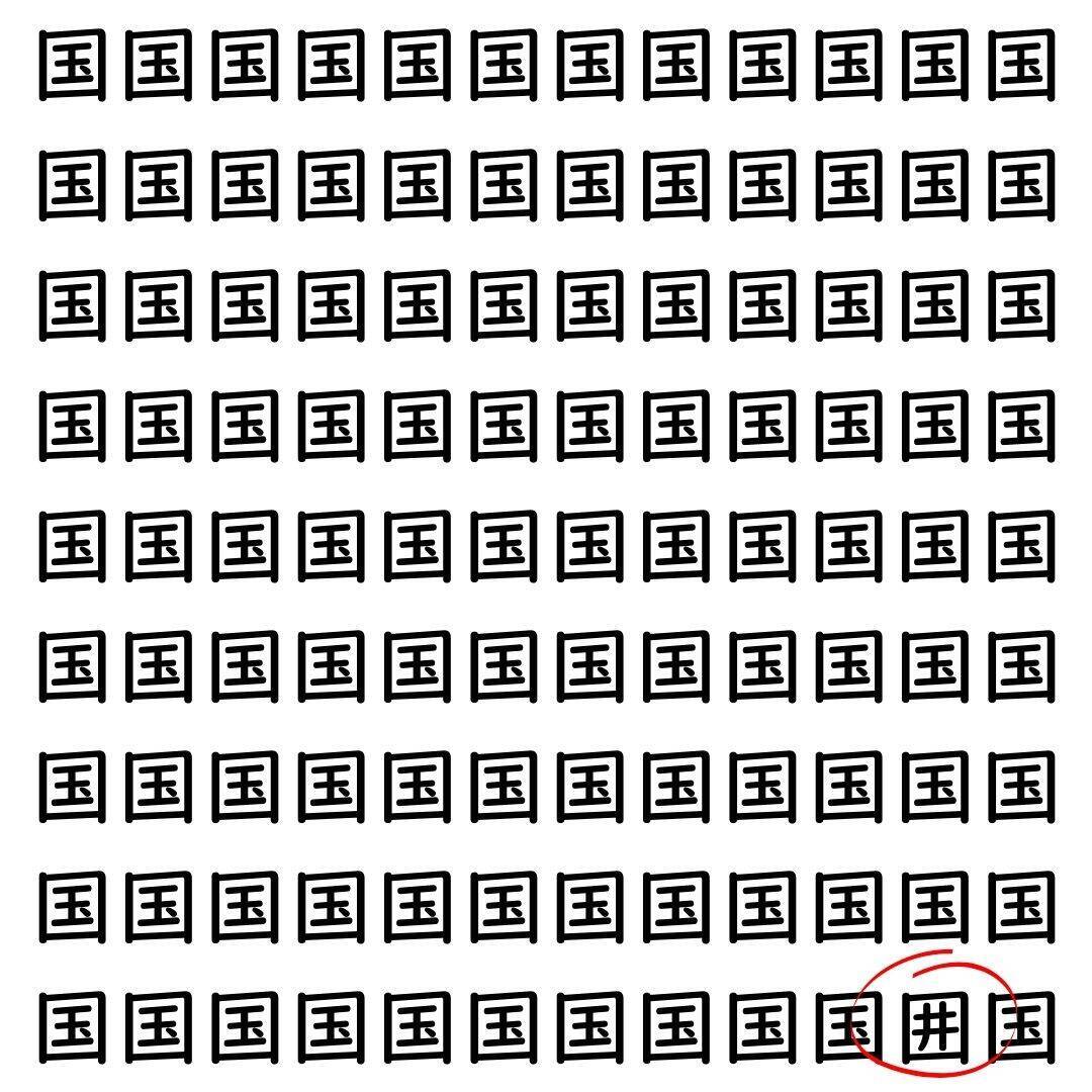 【漢字探し】ずらっと並んだ「国」の中にまぎれた別の漢字一文字は？