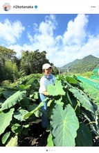 田中律子、山の家で里芋や花オクラを収穫 自然の恵みに感謝