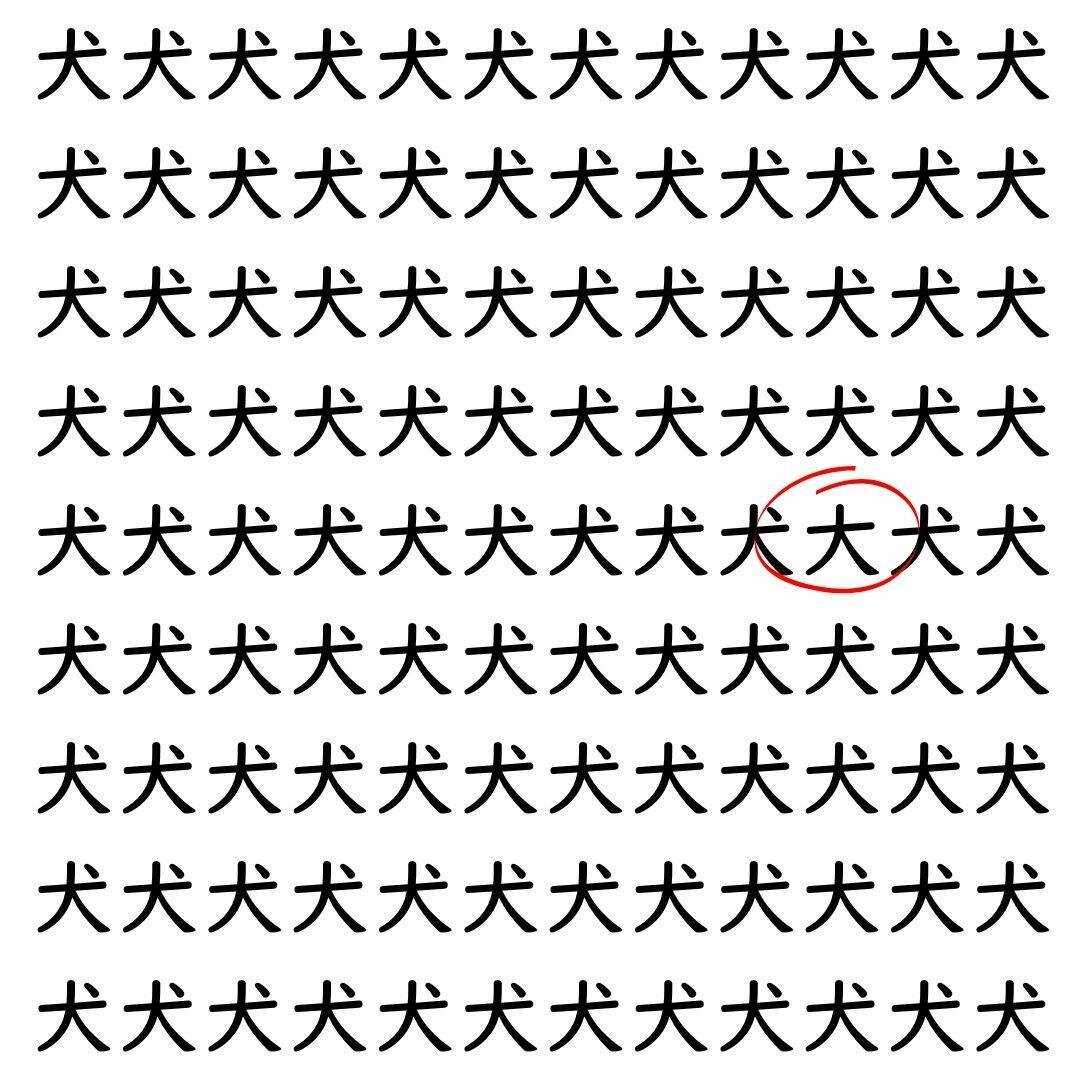 【漢字探し】ずらっと並んだ「犬」の中にまぎれた別の漢字一文字は？