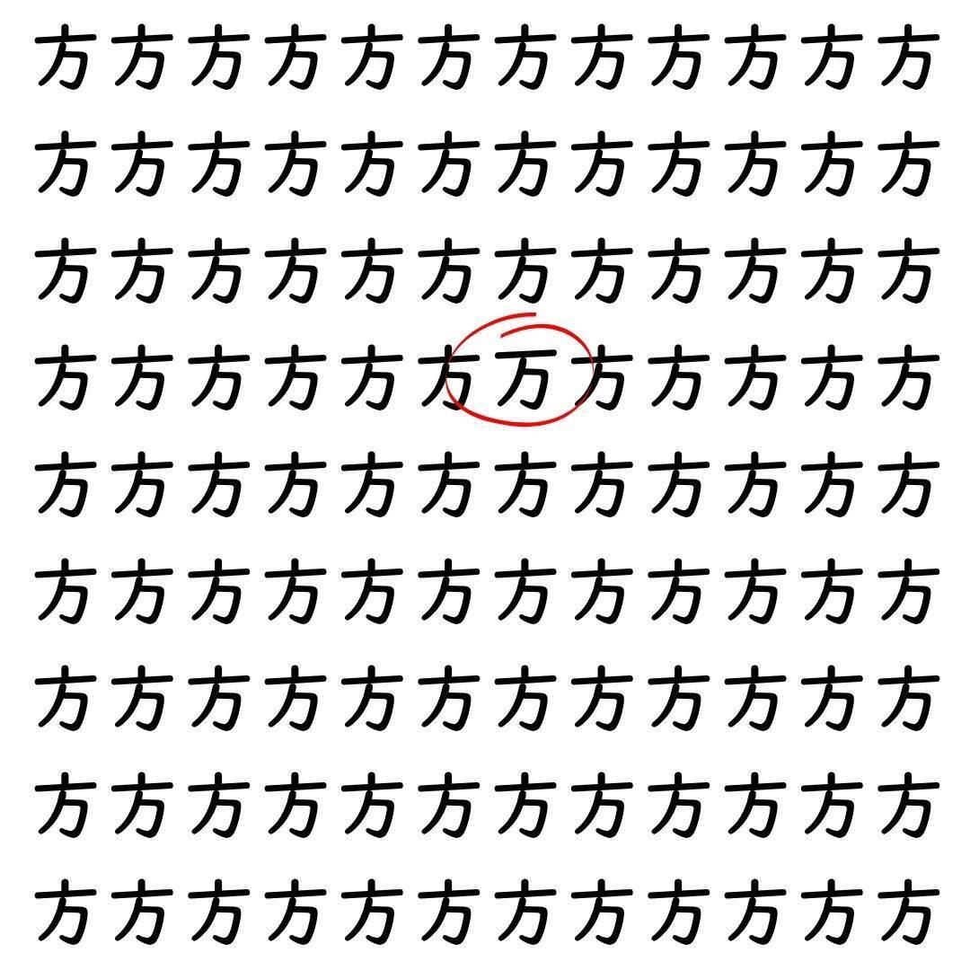 【漢字探し】ずらっと並んだ「方」の中にまぎれた別の漢字一文字は？