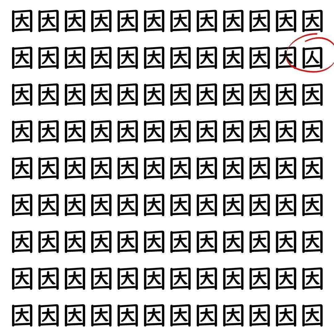 【漢字探し】ずらっと並んだ「因」の中にまぎれた別の漢字一文字は？