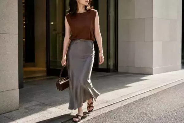 夏服のままでは少し物足りない。晩夏の「サテンナロースカート」はこう着る！大人の正解コーデ