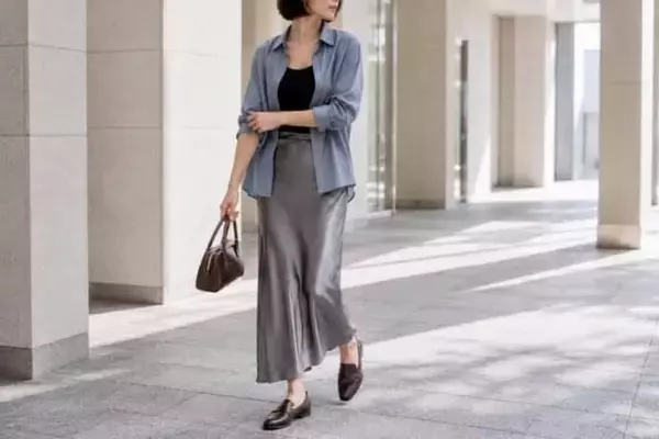 「夏服のままでは少し物足りない。晩夏の「サテンナロースカート」はこう着る！大人の正解コーデ」の画像