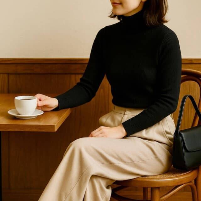 昔のままだと“おば見え”。定番「黒タートル」は【コンパクト×抜け感】が正解です