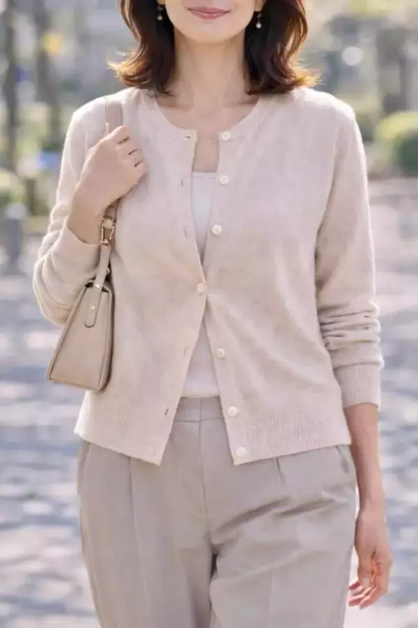 「【40代・50代】アカ抜けの鍵は「ボタンの留め方」。カーディガンをおしゃれに着こなすコツ」の画像