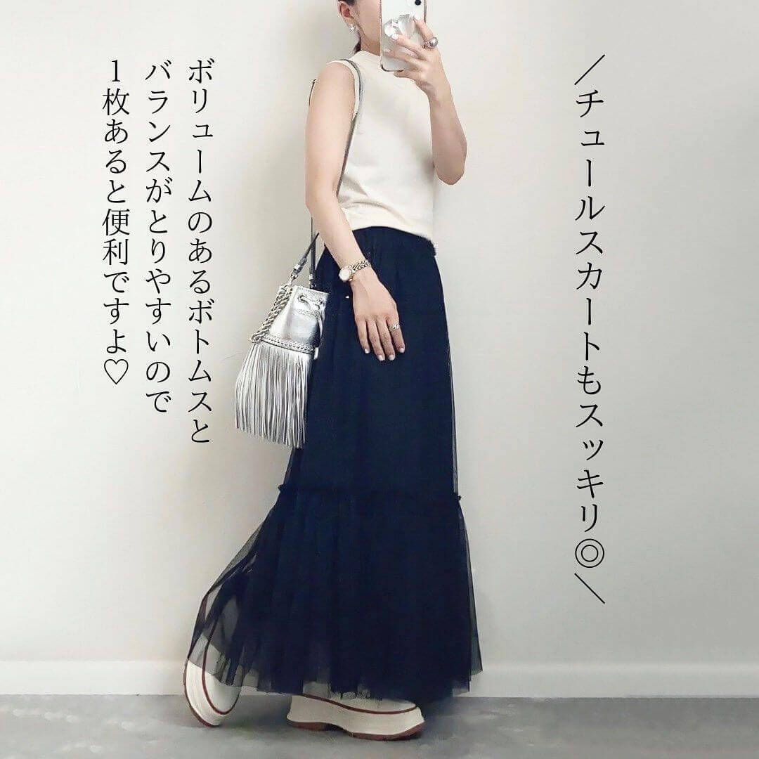 透け感×ボリューム感がポイント♡秋服を先取り【GU】“チュールティアードミディスカート”