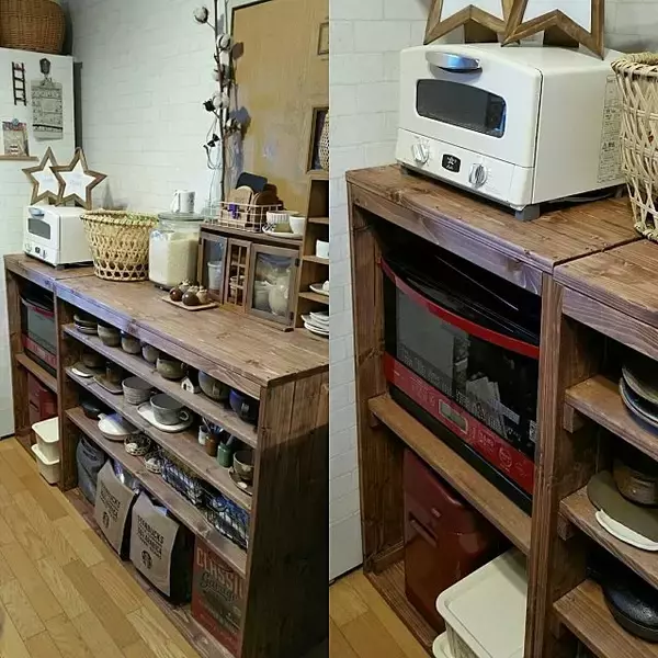 「DIYならちょうどよく☆まわりもすっきりと片付くレンジ台」の画像