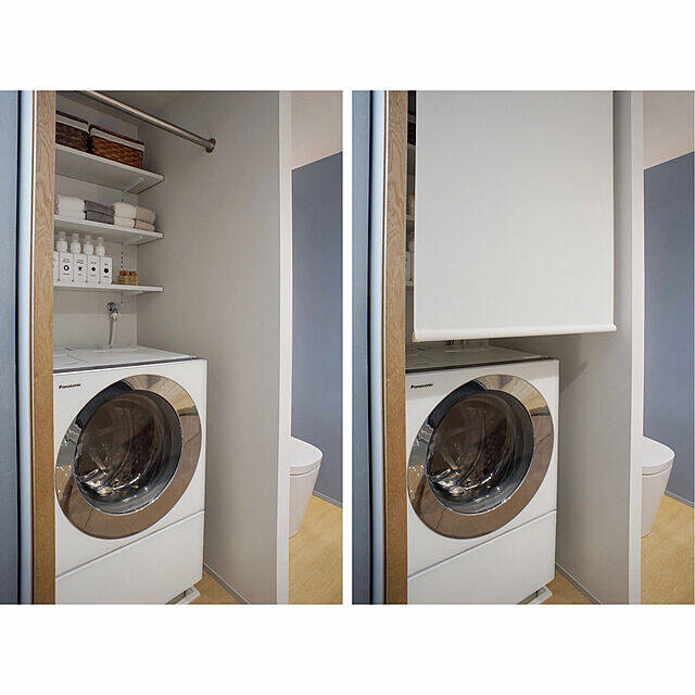 お部屋がすっきりとした印象に☆ロールスクリーンを使った目隠し収納