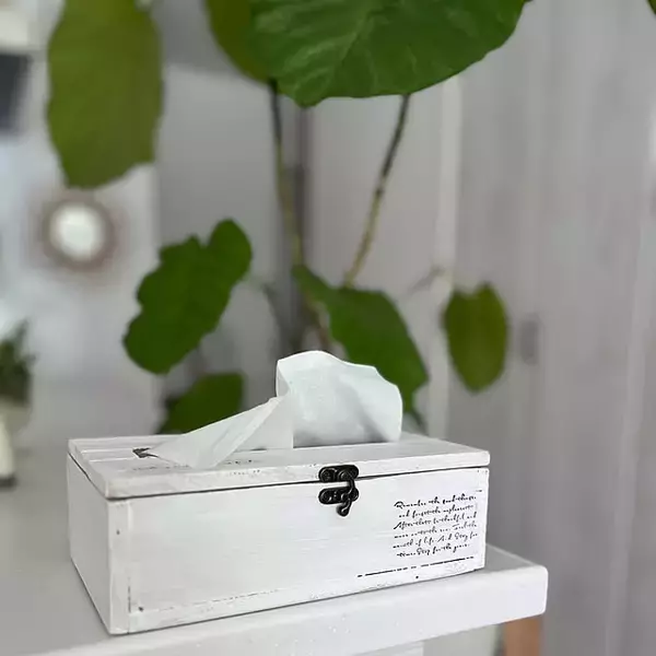 「日用品がお気に入りのインテリアに♪デザインにも使いやすさにもこだわったティッシュケースのDIY実例」の画像