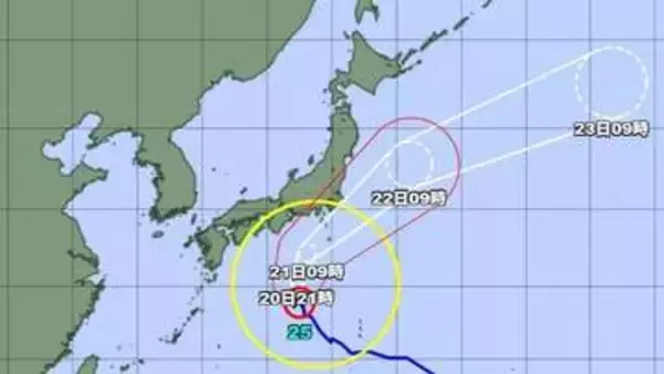 【台風情報】大型で強い台風25号の進路予想　関東甲信地方には21日昼前から夜遅くにかけ、かなり接近する見込み　24時間予想降水量は関東地方200ミリ、東海地方300ミリ（21日正午まで 多い所で）　暴風にも厳重警戒