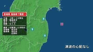 宮城県で最大震度1の地震　宮城県・岩沼市、福島県・田村市、福島広野町
