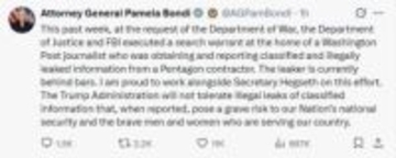 「違法に漏えいされた情報を入手・報道」　ワシントンポスト紙の記者を家宅捜索・収監