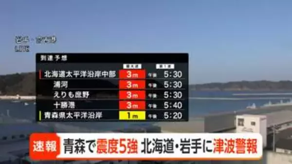 【速報】北海道と岩手県沿岸に津波警報　津波の最大高さ3メートル予想　青森で震度5強の地震