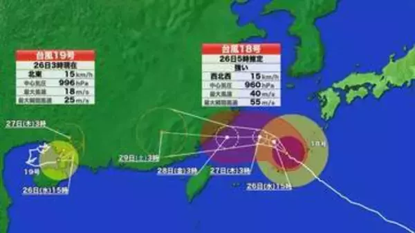 【台風情報】台風18号　予想進路　沖縄本島に最接近　26日昼頃にかけて荒天ピークか　看板倒壊するような猛烈な風に警戒を　太平洋沿岸も高波注意　19号は日本に影響なし
