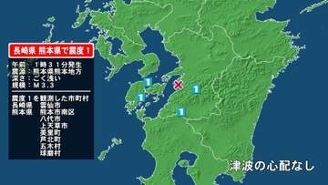 長崎県で最大震度1の地震　長崎県・雲仙市、熊本県・熊本南区、八代市、熊本美里町、五木村、球磨村、上天草市