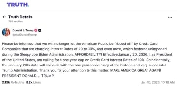 トランプ大統領「クレジットカード金利上限を1年間10％にする」と発表　物価高対策や生活費高騰対策をアピールする狙いか