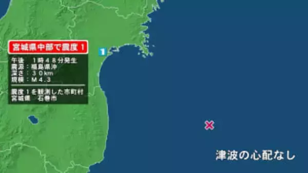 宮城県で最大震度1の地震　宮城県・石巻市