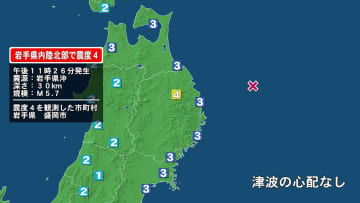 岩手県で最大震度4の地震　岩手県・盛岡市