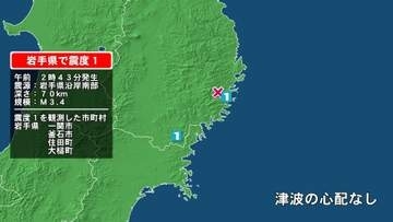 岩手県で最大震度1の地震　岩手県・釜石市、住田町、大槌町、一関市