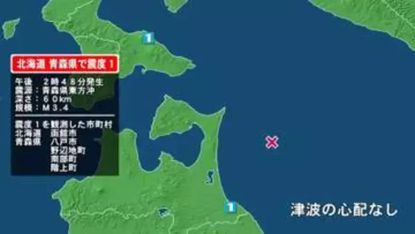 北海道で最大震度1の地震　北海道・函館市、青森県・八戸市、野辺地町、青森南部町、階上町