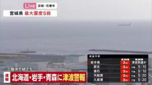 【速報】岩手県沖合60キロと青森県沖合50キロで津波を観測　気象庁