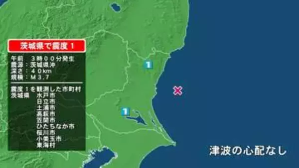 茨城県で最大震度1の地震　茨城県・水戸市、日立市、高萩市、笠間市、ひたちなか市、小美玉市、東海村、土浦市