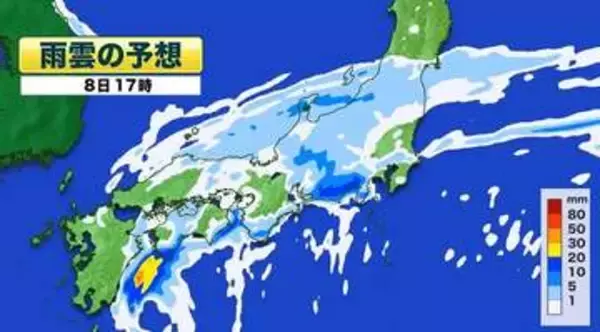 静岡・愛知・三重・岐阜　線状降水帯半日前予測　線状降水帯発生で大雨災害発生の危険度が急激に高まるおそれ　静岡では8日夜から9日朝にかけて警戒を　関東も8・9日夕方から夜に雨強まる　帰宅時間に注意