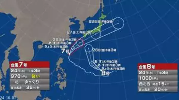 【台風情報】ダブル台風の進路予想は　台風7号が関東甲信に最接近は27日夜から28日明け方にかけてか　警報級の大雨のおそれ　接近前から梅雨前線の影響で大雨になる所がある見込み