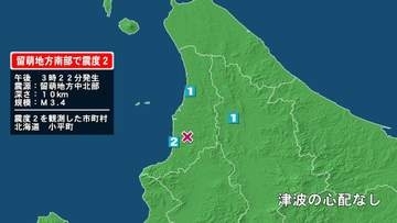 北海道で最大震度2の地震　北海道・小平町