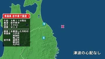 青森県で最大震度1の地震　青森県・八戸市、青森南部町、階上町、岩手県・盛岡市、軽米町、九戸村
