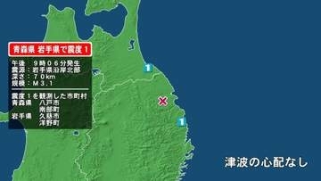 青森県で最大震度1の地震　青森県・八戸市、青森南部町、岩手県・久慈市、岩手洋野町