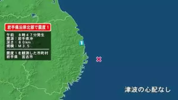 「岩手県で最大震度1の地震　岩手県・宮古市」の画像