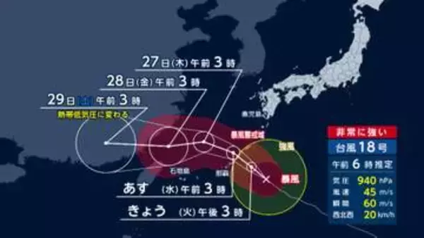 台風18号、今夜沖縄本島を直撃へ　一部家屋倒壊レベルの猛烈な風　警報級の暴風・大雨に警戒　速度落とし影響長引く恐れも
