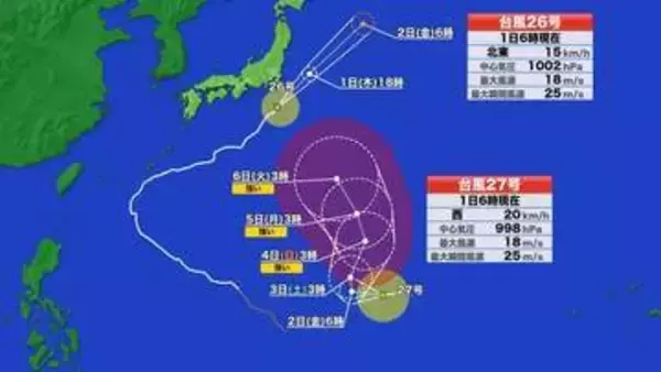 【台風情報】新たな台風27号発生　ダブル台風に　27号の進路予想では小笠原諸島に接近へ　各国シミュレーションで本州の東側に抜ける見込み　26号は八丈島に接近中　夜にかけて激しい雨に注意